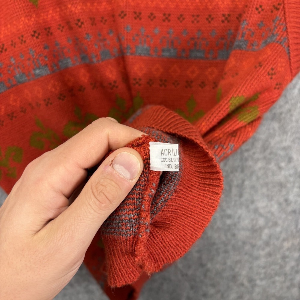 True Vintage Sweater Vest Men's 46 Large Orange Knit 80s V Neck - Picture 9 of 11